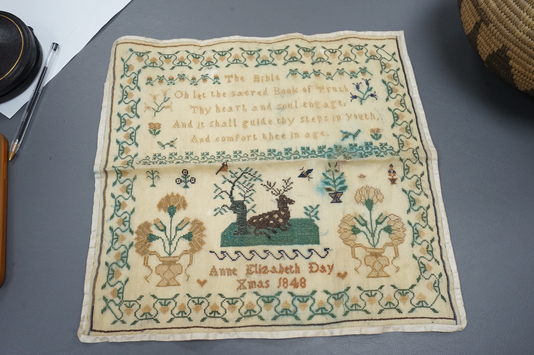Two unframed large samplers, by Susanna and Ann Elizabeth Day, (sisters) both dated 1848. Two other unframed simpler alphabet samplers both by Florence Emily Day, dated 1876 and 1878. (4)